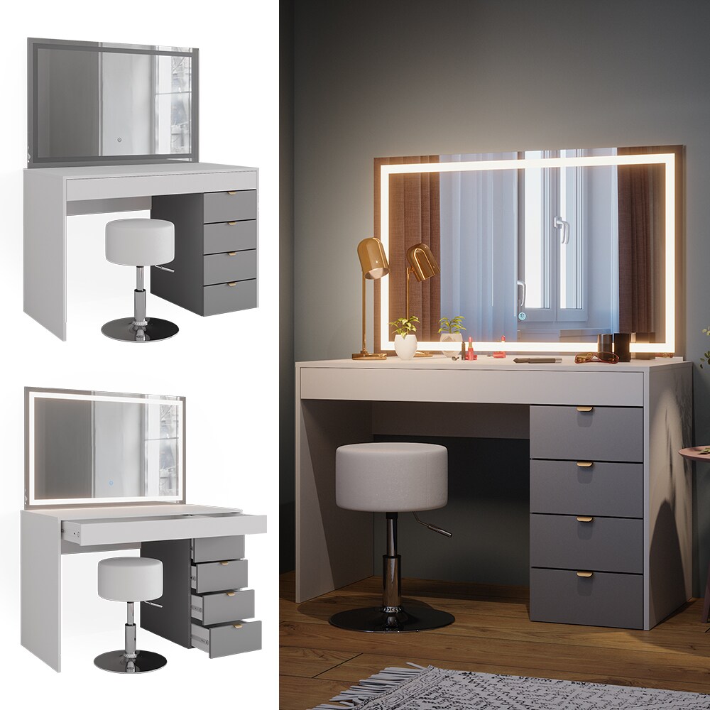 Vicco Schminktisch Elise Weiß Grau 115 x 76 cm modern Frisiertisch Schubladen LED-Spiegel Hocker
