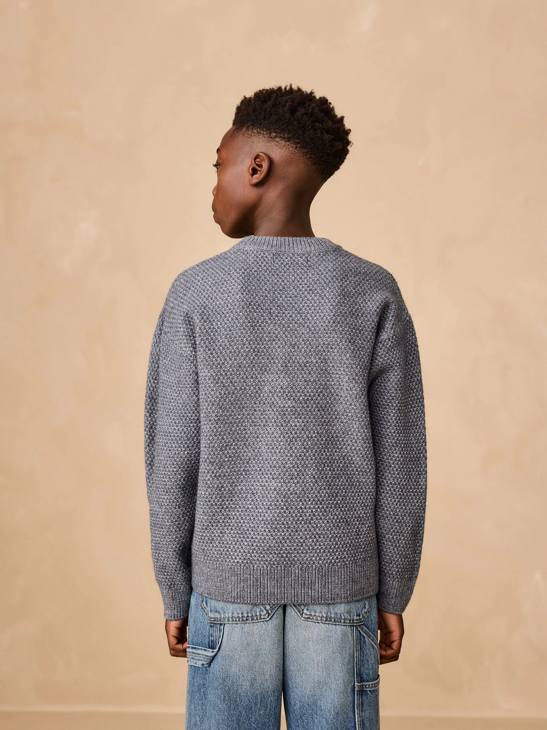 Blauw - Gebreide trui met textuur en ronde hals (3-16jr)