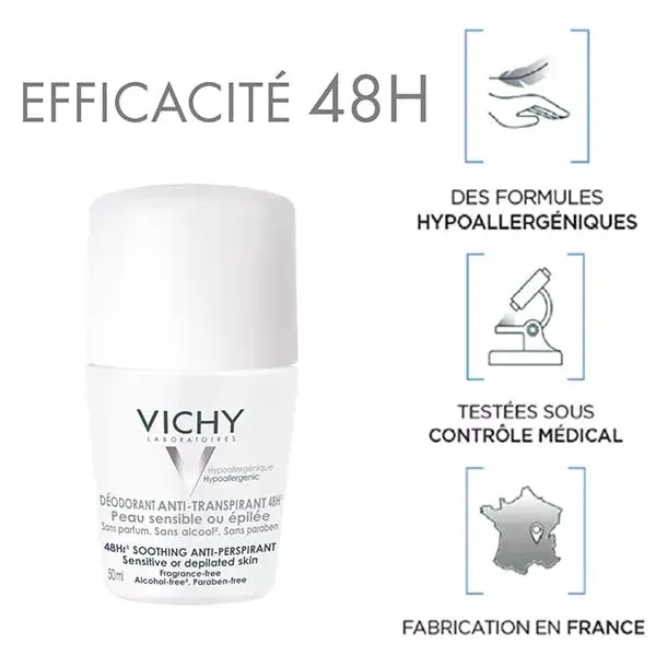 Desodorante Antitranspirante Vichy 48h para Pele Sensível, Roll-On, Pacote com 2 unidades de 50ml