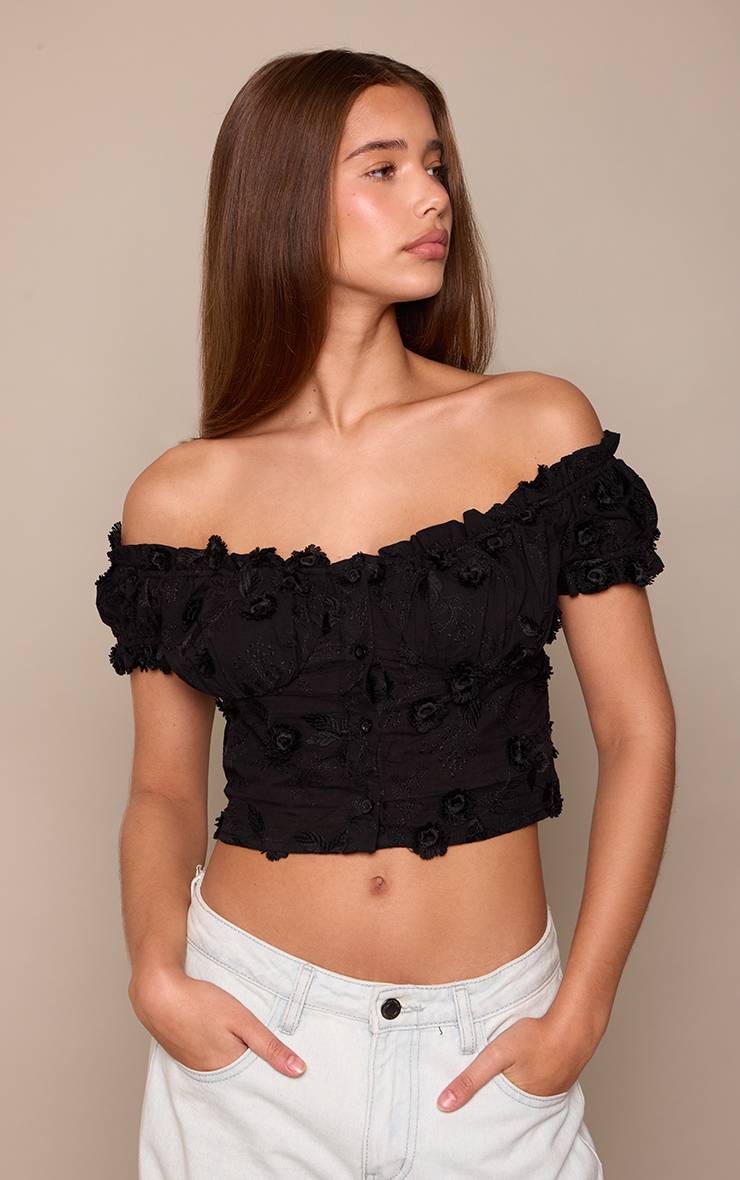 Noir Haut Bardot En Coton Brodé