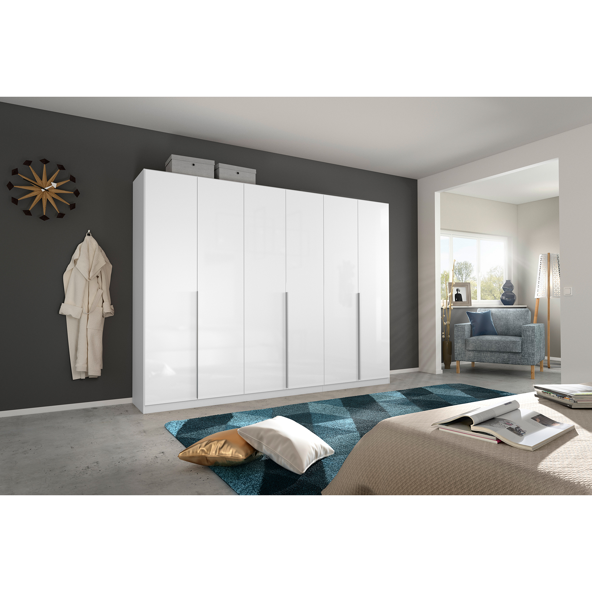 Drehtürenschrank - weiß Hochglanz-seidengrau - 6-türig - 271x210 cm