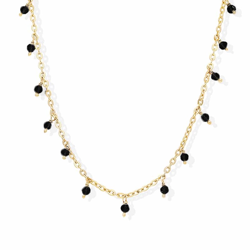 Collier Argent Doré Petites Gouttes Perles Spinelle Noire