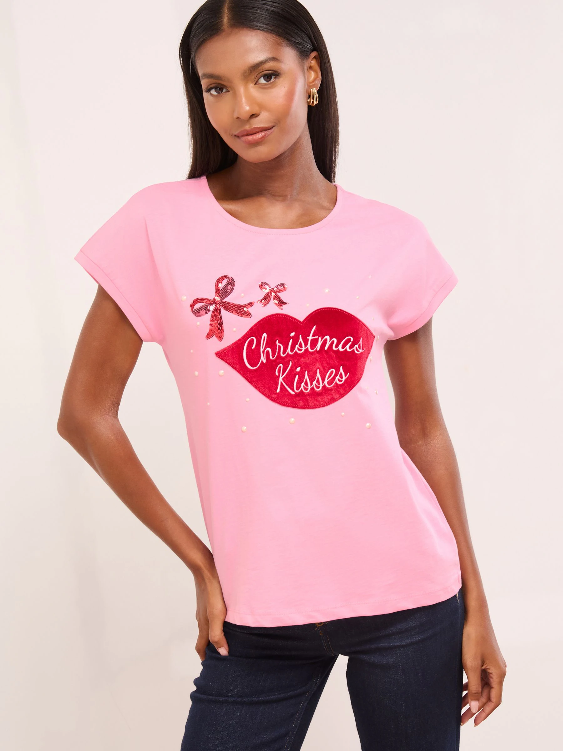 Roze Kerstmis zoenen - Lipsy T-shirt met ronde hals