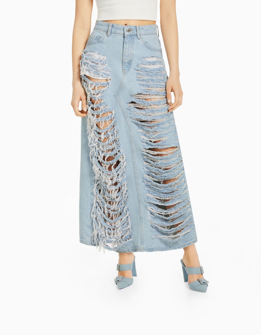 Saia longa de jeans rasgada