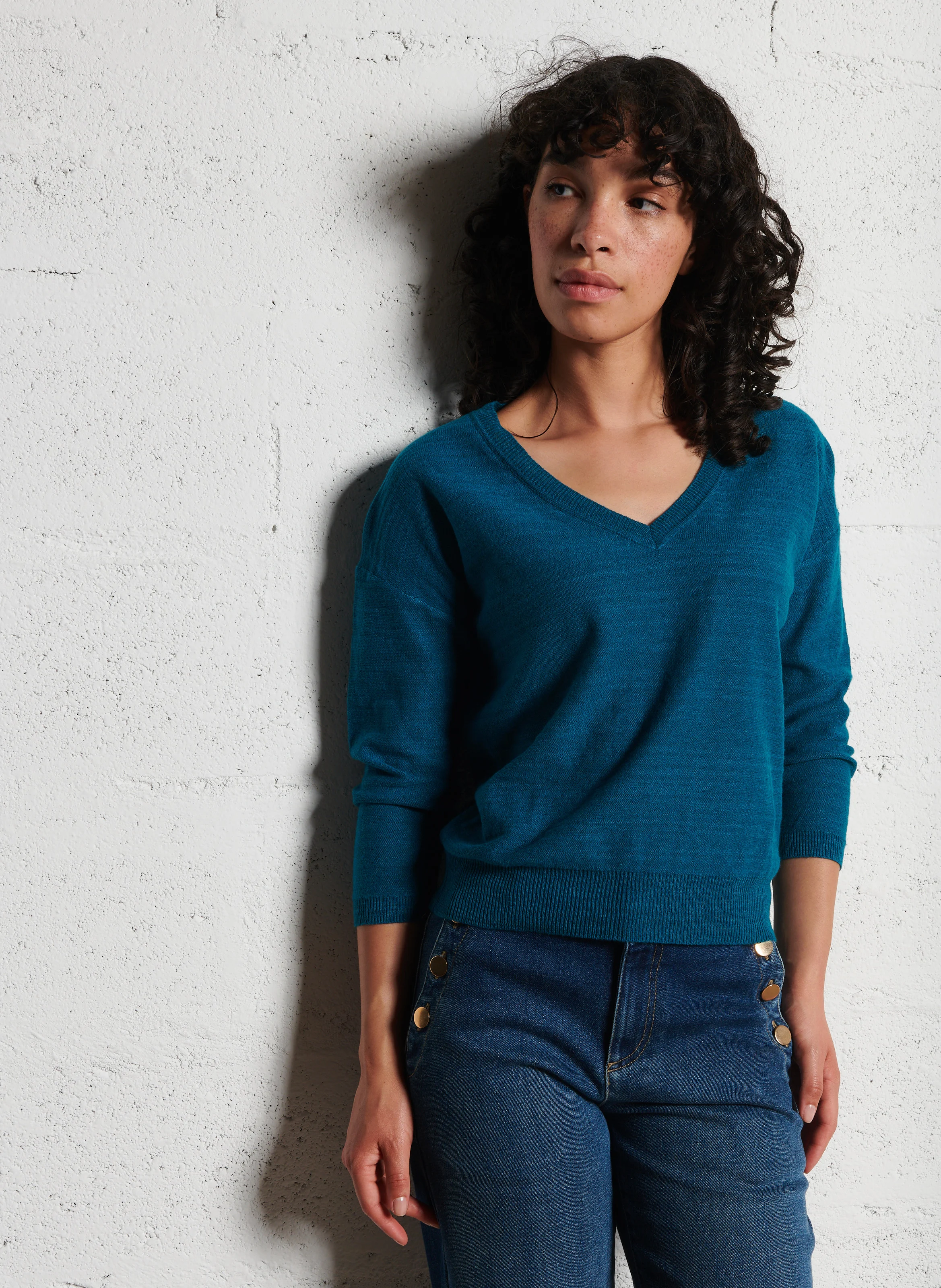 LARSEN - Pull col V en coton et lin | Bleu