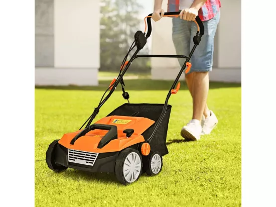 Scarificateur de Pelouse Électrique de 13A, avec Double Interrupteur de Sécurité Réglable à 4 Niveaux Sac de Ramassage de 50 L, Scarificateur et Aérateur Filaire avec 2 Lames (Orange)