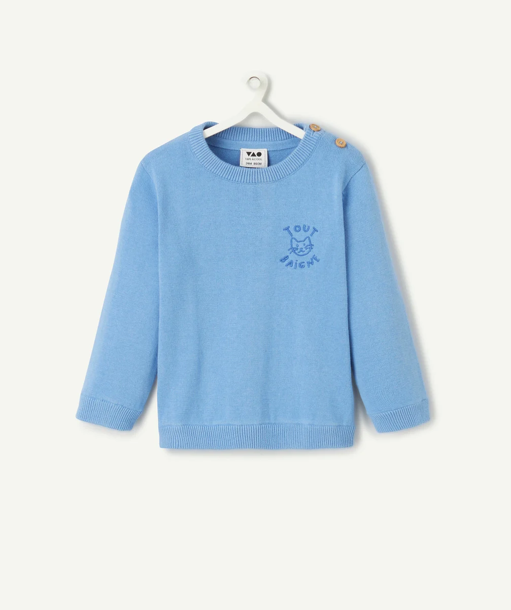 PULL TRICOT BÉBÉ GARÇON EN COTON BIO BLEU AVEC MESSAGE BRODÉ CHAT
