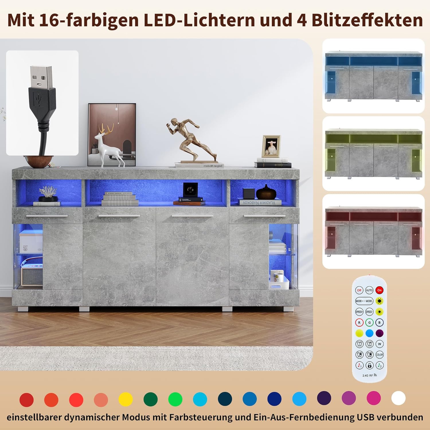 Merax Sideboard mit LED-Beleuchtung, Hochglanz Kommode Anrichte Schrank mit 4 Türen & Offene Staufächer, Mehrzweckschrank mit Glastüren, Aufbewahrungsschrank für Wohnzimmer, Esszimmer, Zementfarbener