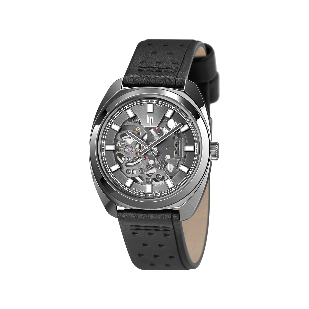 Montre Lip homme automatique acier bracelet cuir noir