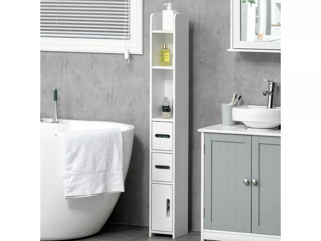 Meuble bas colonne rangement salle de bain WC 3 portes 2 niches étagère blanc