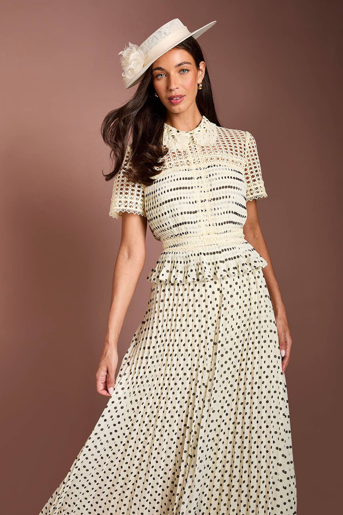 Coast Combinaison-pantalon Lisa Tan À Col En Dentelle Et Pois Plissée
