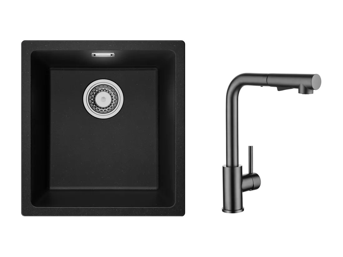 Evier 1 Bac en Quartz et Résine, 3 Options de Montage, 40*44*20cm + Mitigeur Cuisine Avec Douchette Extractible