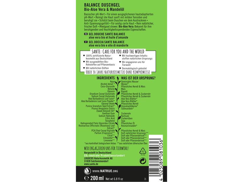 SANTE Duschgel Balance Bio-Aloe und Mandelöl 200 ml Natürliches Duschmittel für die sanfte Reinigung