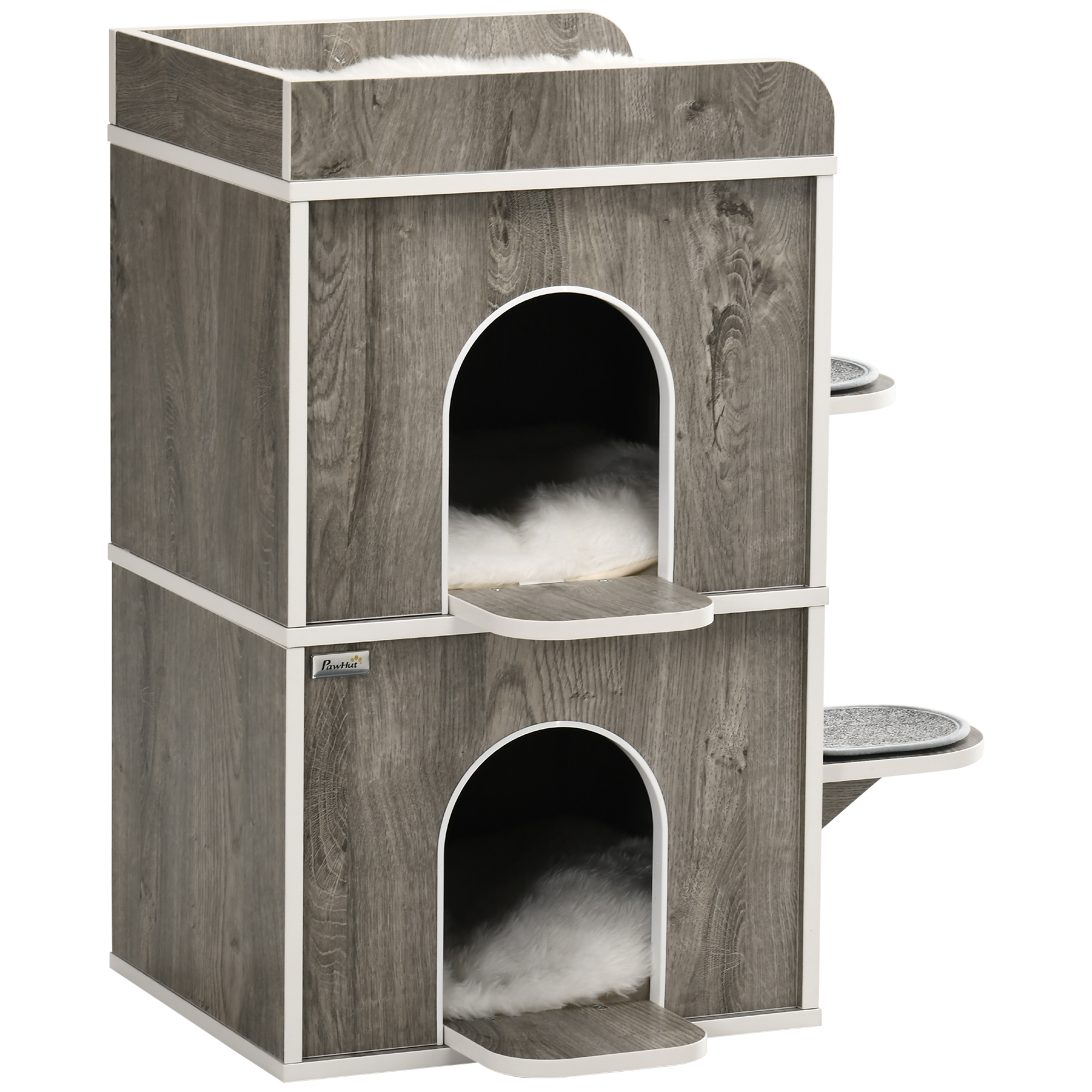 Casinha de madeira para gatos Pawhut, em formato de barril, com 3 almofadas, 2 orifícios frontais e 2 plataformas laterais, 68 x 53 x 80,5 cm, cinza.