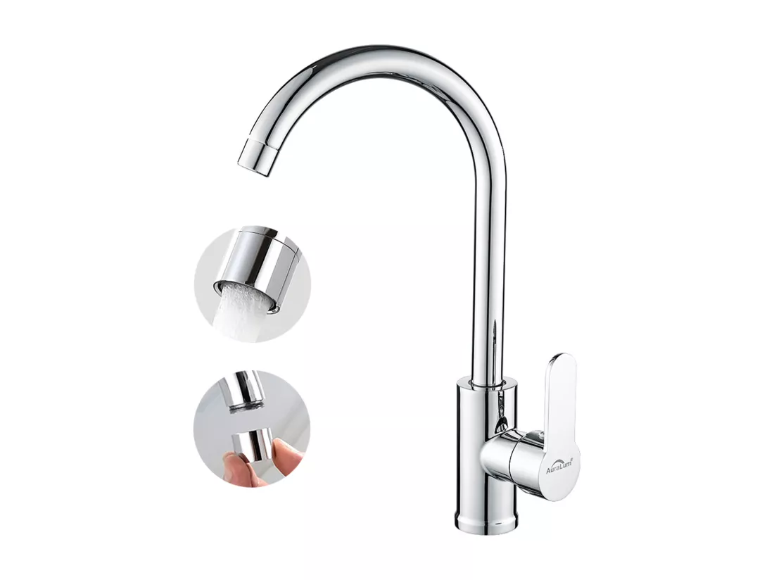 Elégant Mitigeur de Cuisine Auralum MAX Chromé,Pivotant à 360° Robinet d'Évier en Laiton avec Eau Chaude/Froide pour Cuisine,Mousseur Démontable