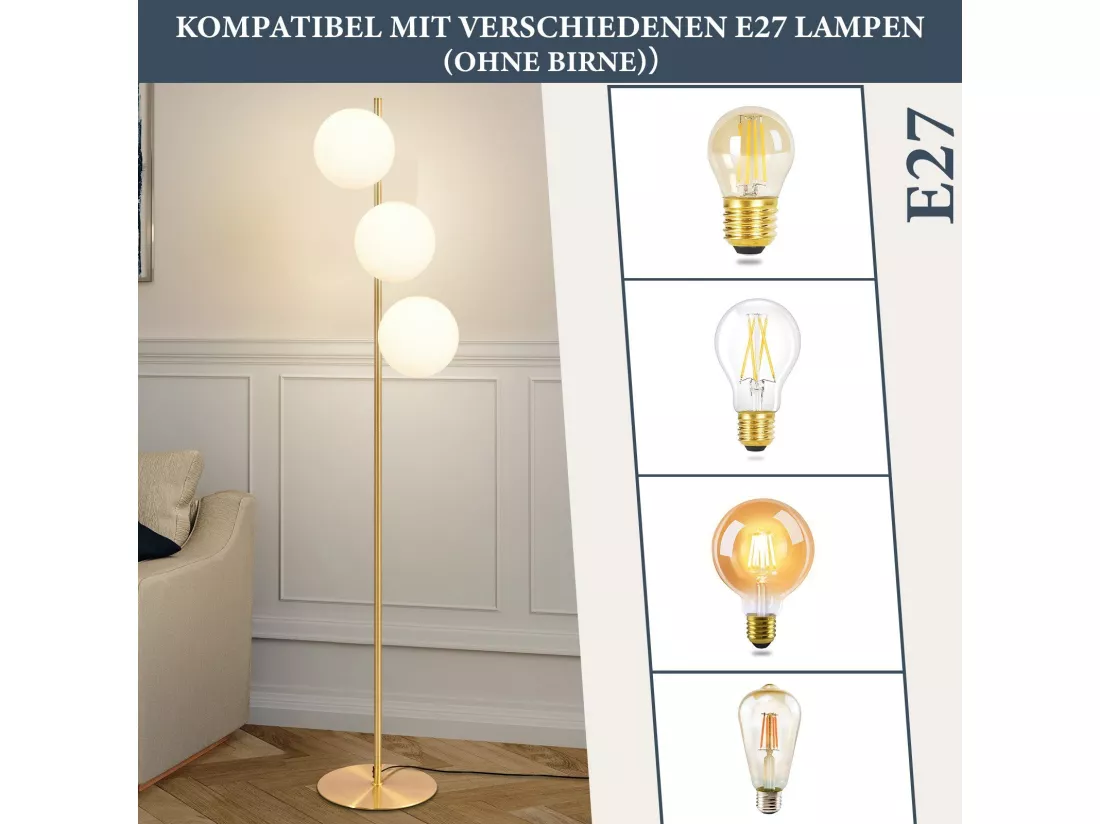 NETTLIFE Lampadaire Moderne - Lampadaire Salon E27 Or Design Lampe à 3 Flammes avec Interrupteur à Pied Métal Blanc Verre Industriel Lampe de Sol