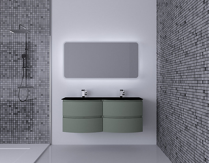 Ensemble Vague L.138 cm meuble sous vasque à suspendre kaki mat + plan double vasque verre noir mat