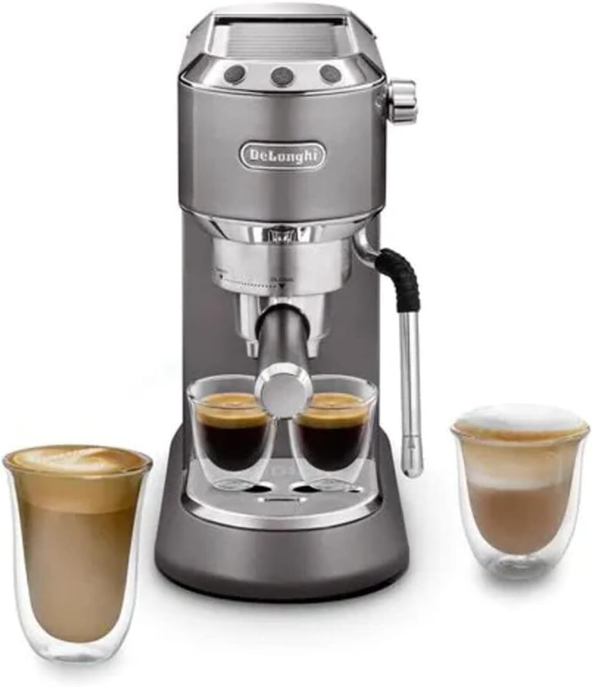 De'Longhi Dedica Arte EC885.M, Traditionelle Siebträgermaschine, Manuelle Kaffeemaschine mit MyLatteArt Dampfstab, Kompakt, 15 cm Breite, Passend für Tassen bis 13 cm, E.S.E. Kompatibel, Metall