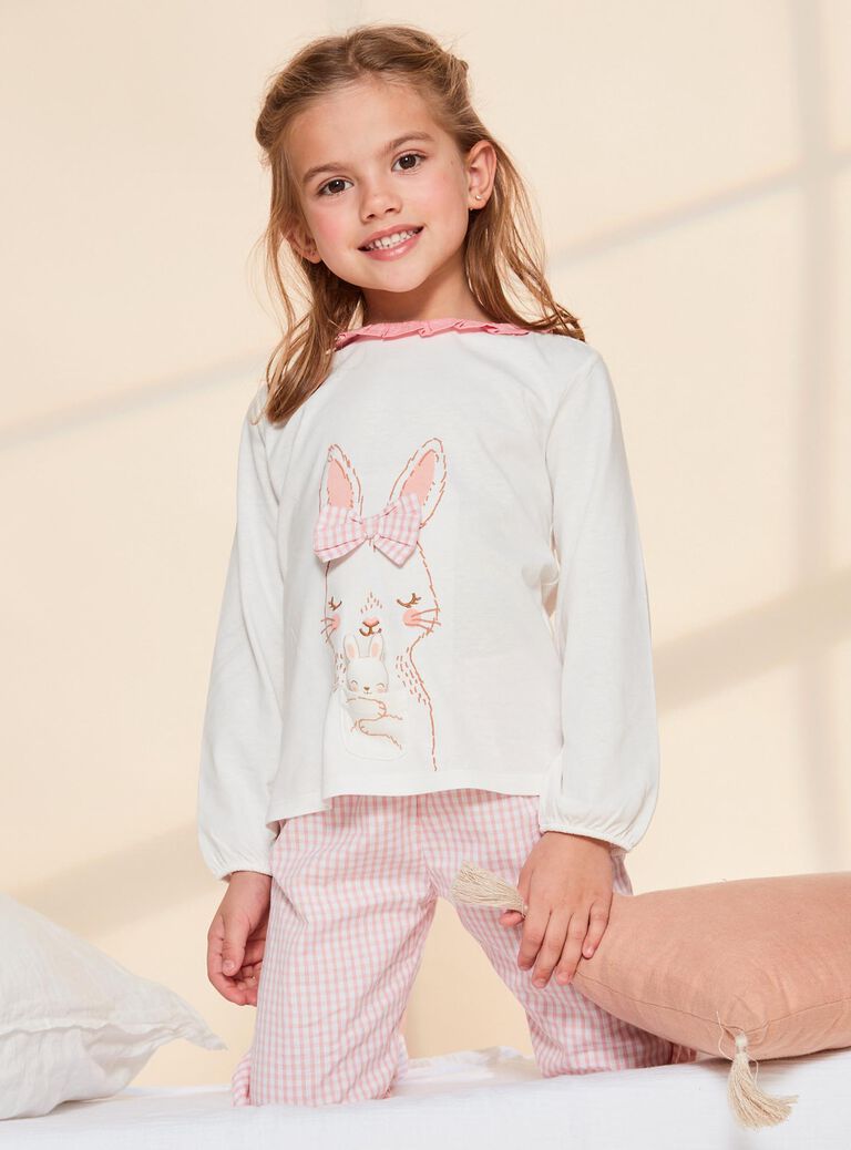 Ensemble pyjama écru à lapin et à carreaux