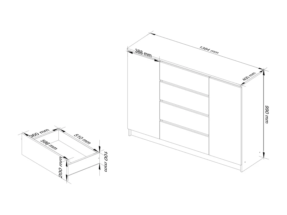 Commode AKORD K140 Chêne Sonoma 138 cm 2 portes 4 tiroirs façade Blanche 4 étagères 138x40x99 cm