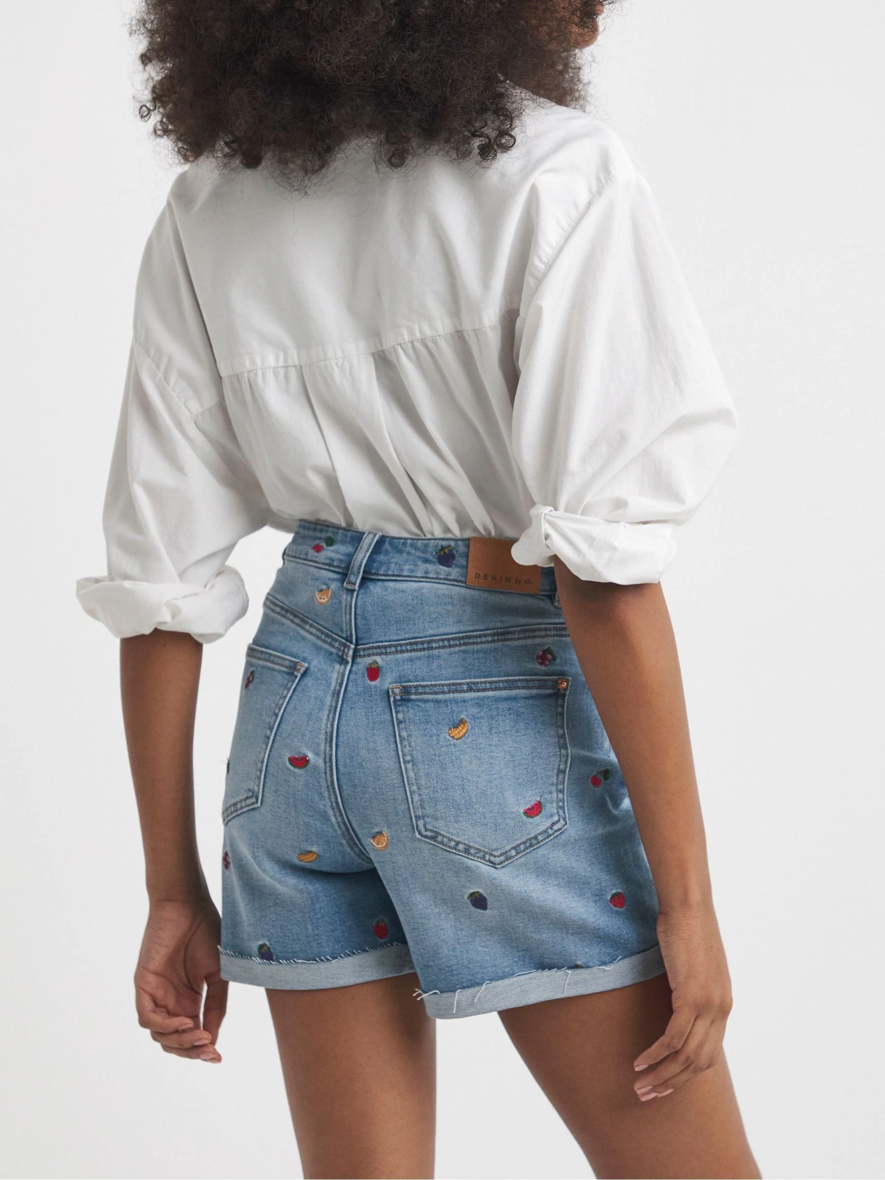 Simply Be Mom Fruit Salad Embroidered Roll Hem Denim Shorts