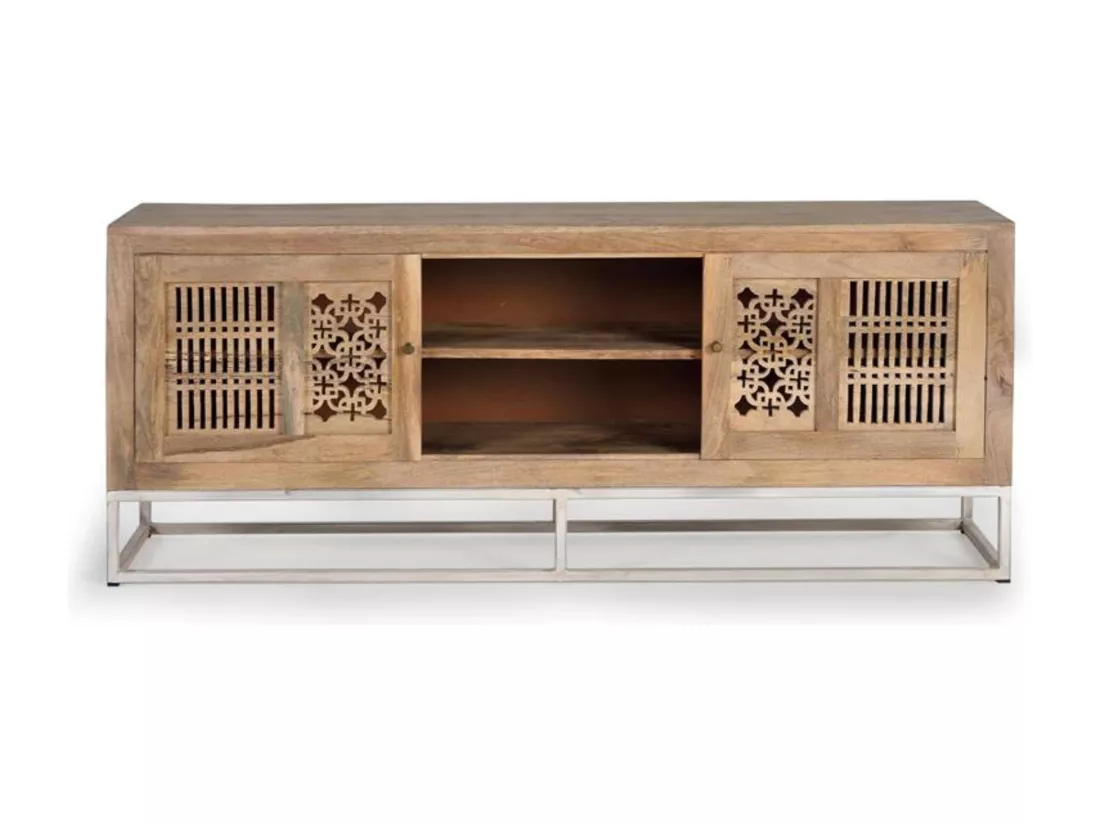 Meuble TV en bois de manguier et pieds en métal couleur naturelle Marrón.Giner y Colomer.65x40x160