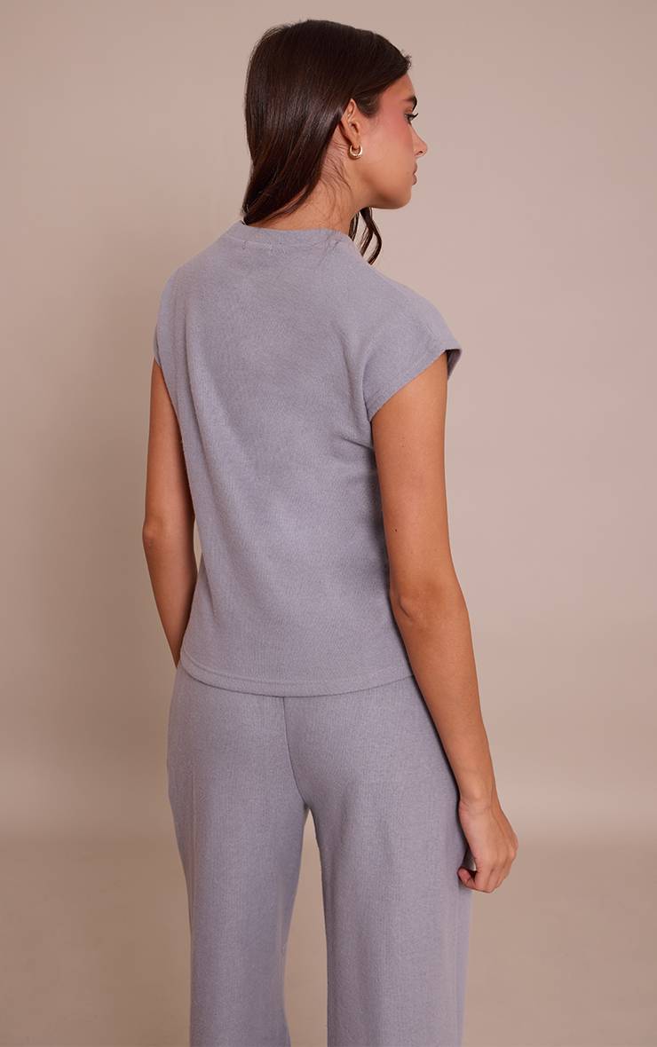 Charcoal Grey Haut À Manches Courtes En Maille Côtelée