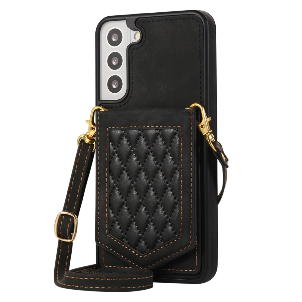 Samsung Galaxy S23 5G Necklace Leder Hülle im Litchi Look mit Spiegel (RFID Schutz) - Schwarz