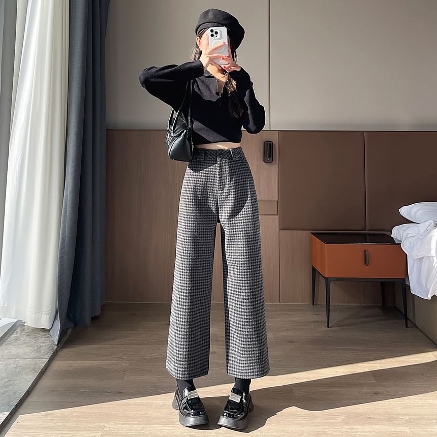 Jaqmine - Hoge taille geruite cropped wijde broek