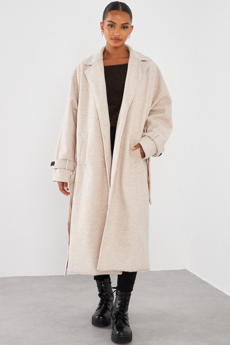 Manteau long ceinturé beige