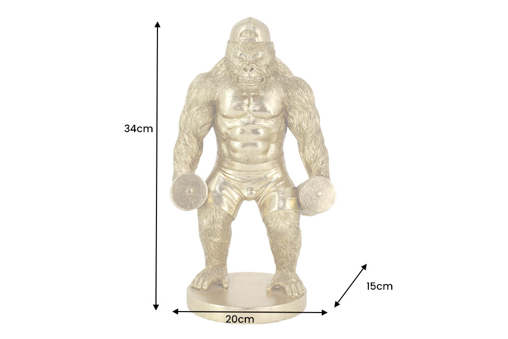 Deko-Figur KING APE 35cm gold Gorilla mit Hanteln handmade