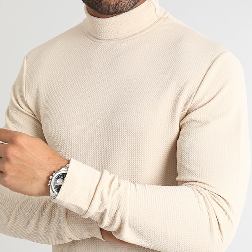 Pull Col Roulé Texturé Waffle 0536 Beige Clair