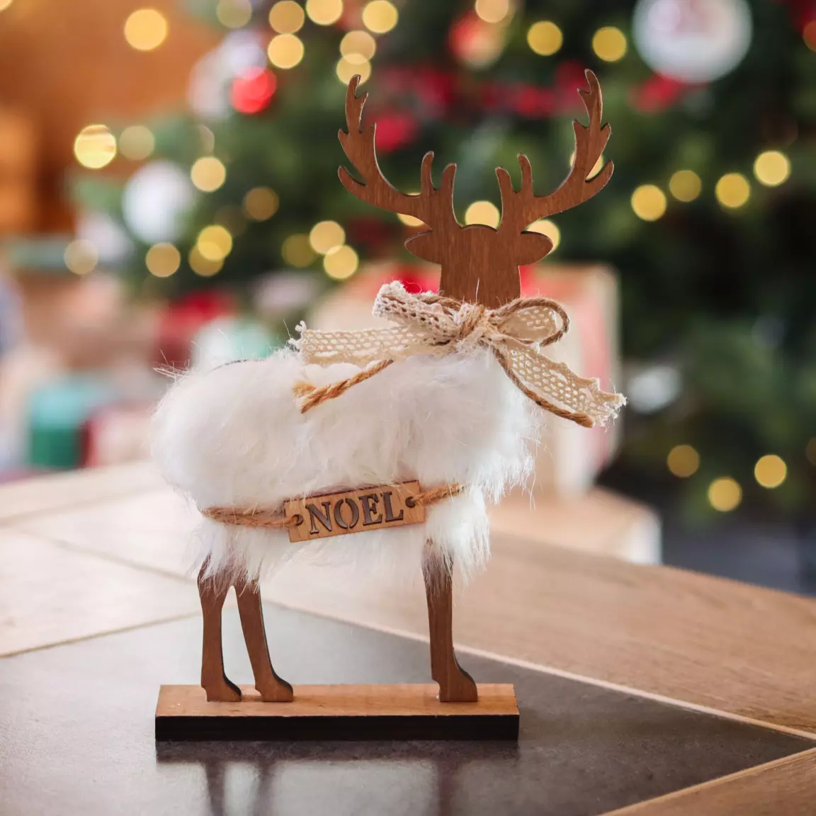 Renne bois et fourrure (H21 cm) Xmas Blanc