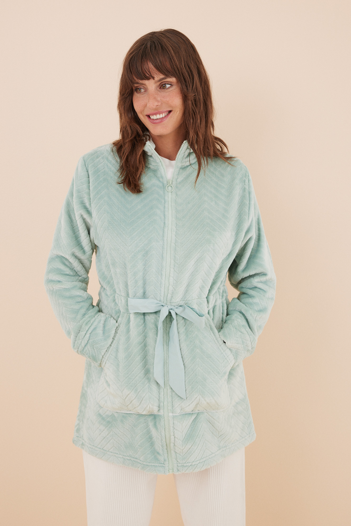 robe de lã texturizada com zíper verde