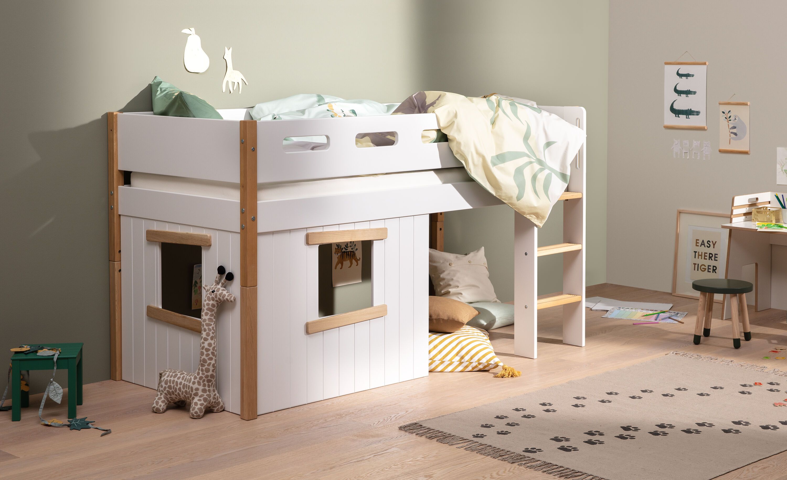 Flexa NOR Halbhochbett mit Baumhaus - Weiss / B: 109.0 cm x T: 210.0 cm x H: 120.0 cm