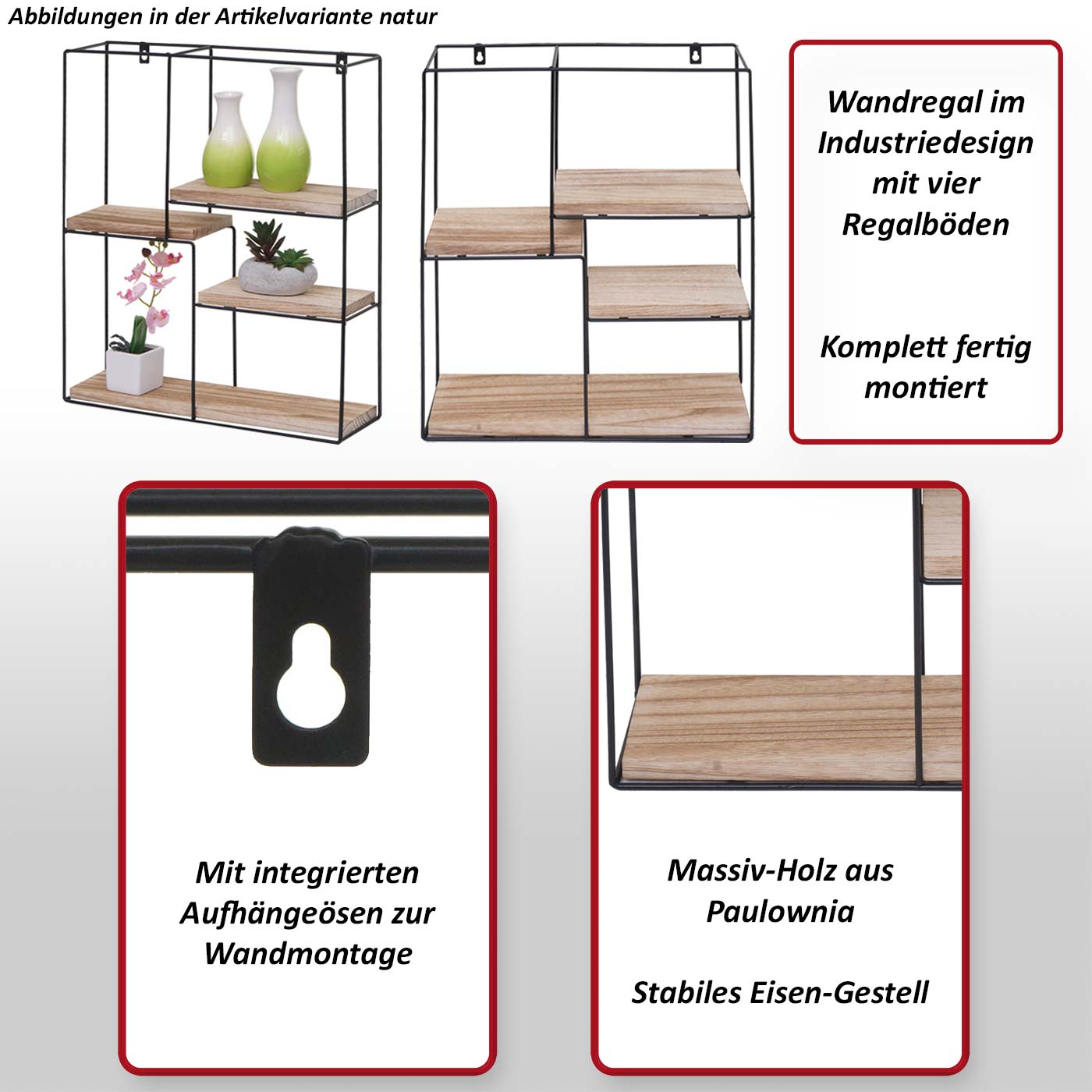 Wandregal MCW-K76, Hängeregal Schweberegal Regal, 4 Regalböden Metall Massiv-Holz Industrial 51x40x11cm ~ weiß