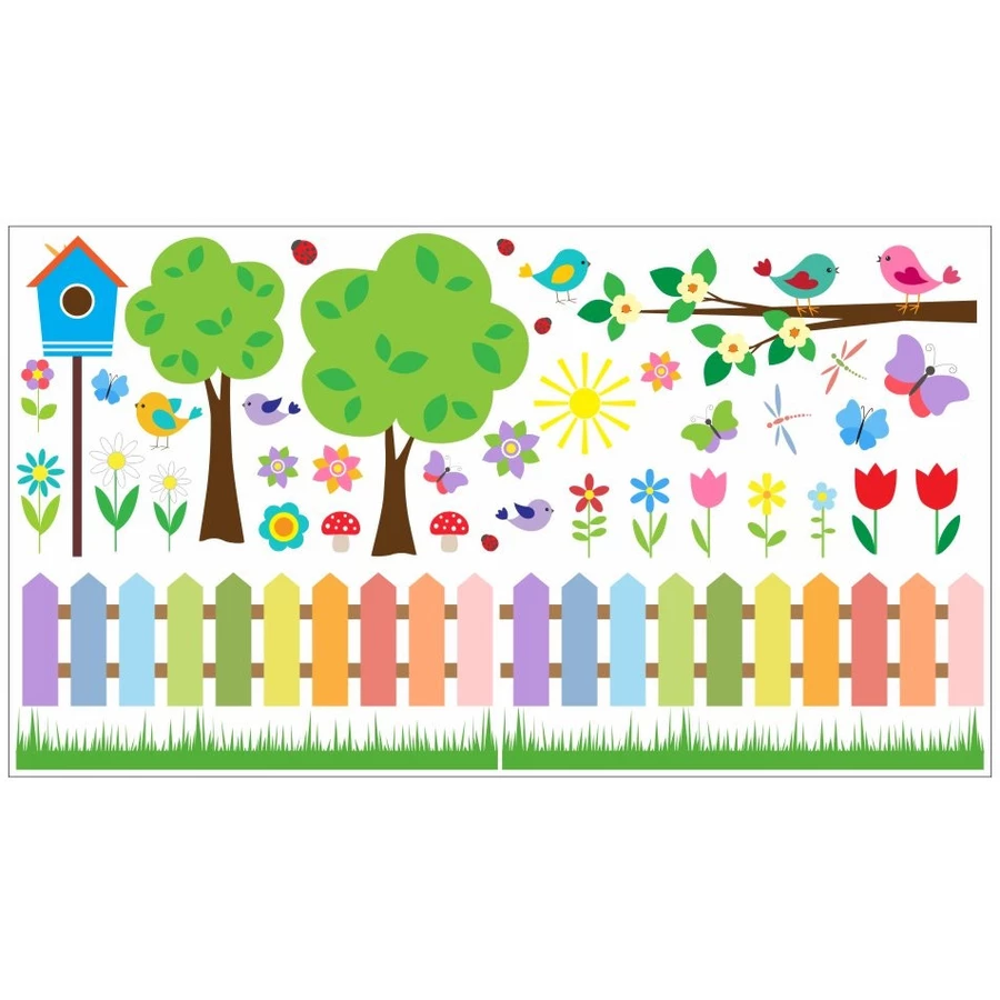Nikima Wandtattoo 073 Wandtattoo bunter Garten Vögel Schmetterlinge bunt