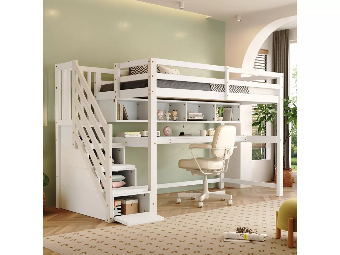 Lit Mezzanine enfant - 90 x 200 cm - avec bureau et étagères - 4 rangements dans l'escalier - bois massif + MDF - blanc