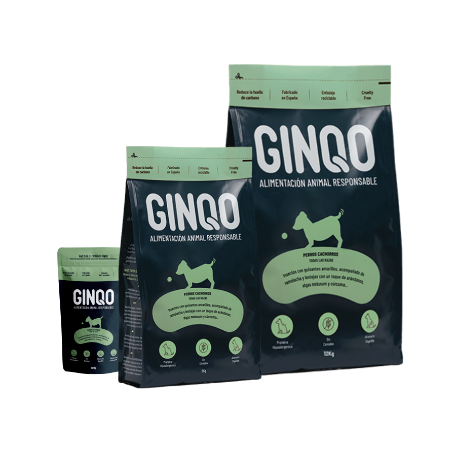Ração para filhotes Ginqo: hipoalergênica, sem grãos e sustentável. Feita com proteína de insetos.