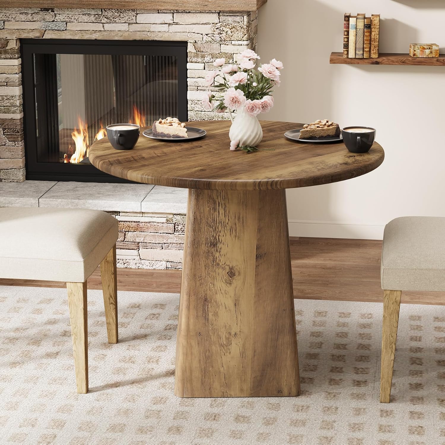 Tribesigns 80 cm runder Esstisch für 2–4 Personen, Kleiner Küchentisch im Landhausstil mit quadratischem Untergestell für Esszimmer und Wohnzimmer, rustikales Braun
