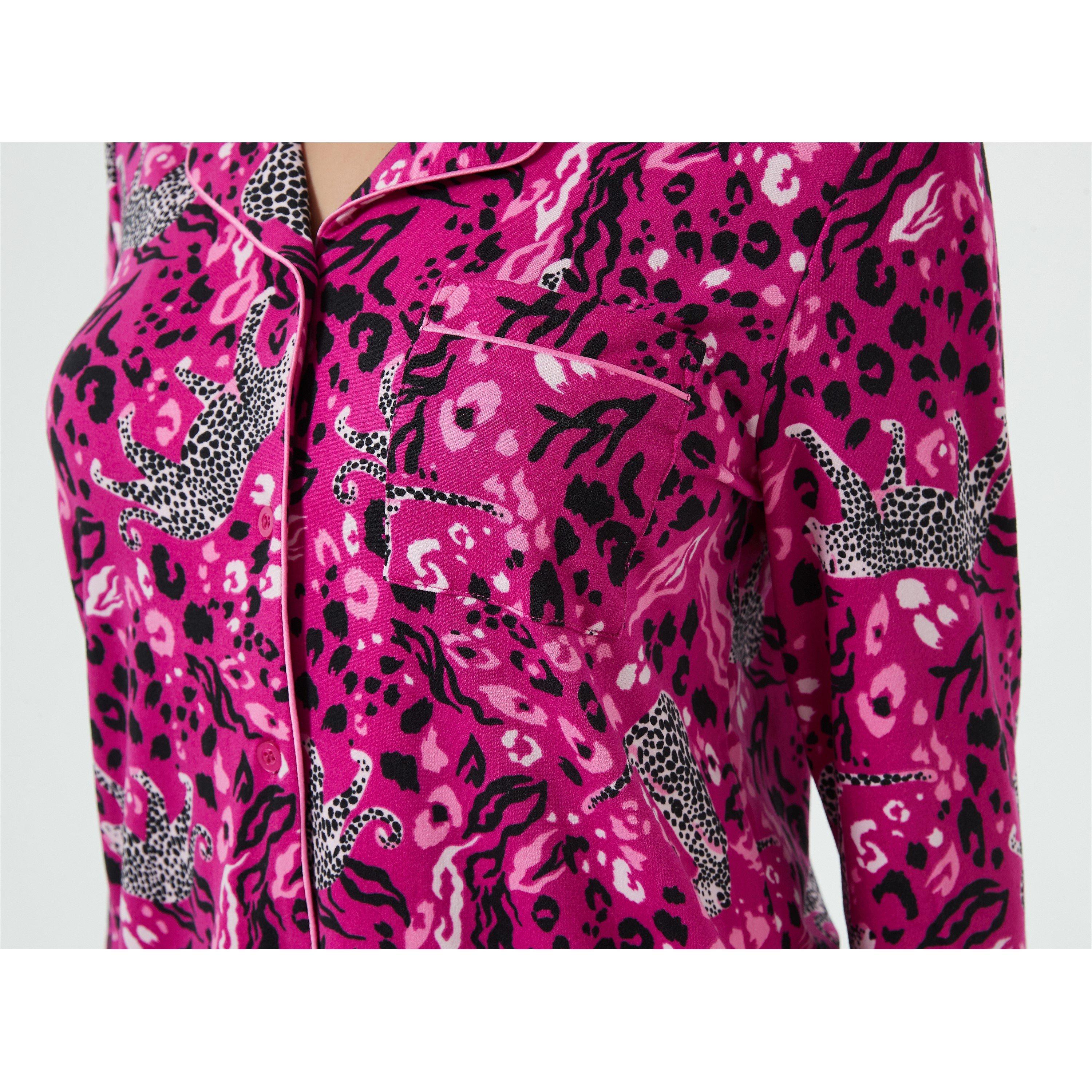 Linea Ladies Leopard Soft Touch Button Through Pyjama Set