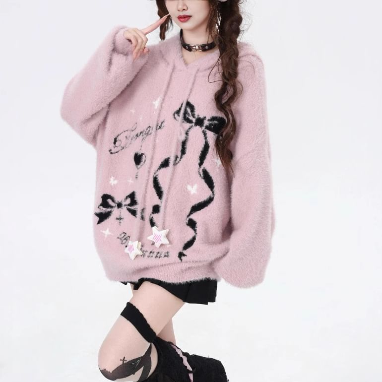 Rosesand - Trui met lange mouwen, strik en letterprint en losse capuchon