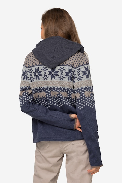 Strickfleece-Jacke, Norweger-Muster, Stehkragen, Zipper, Langarm