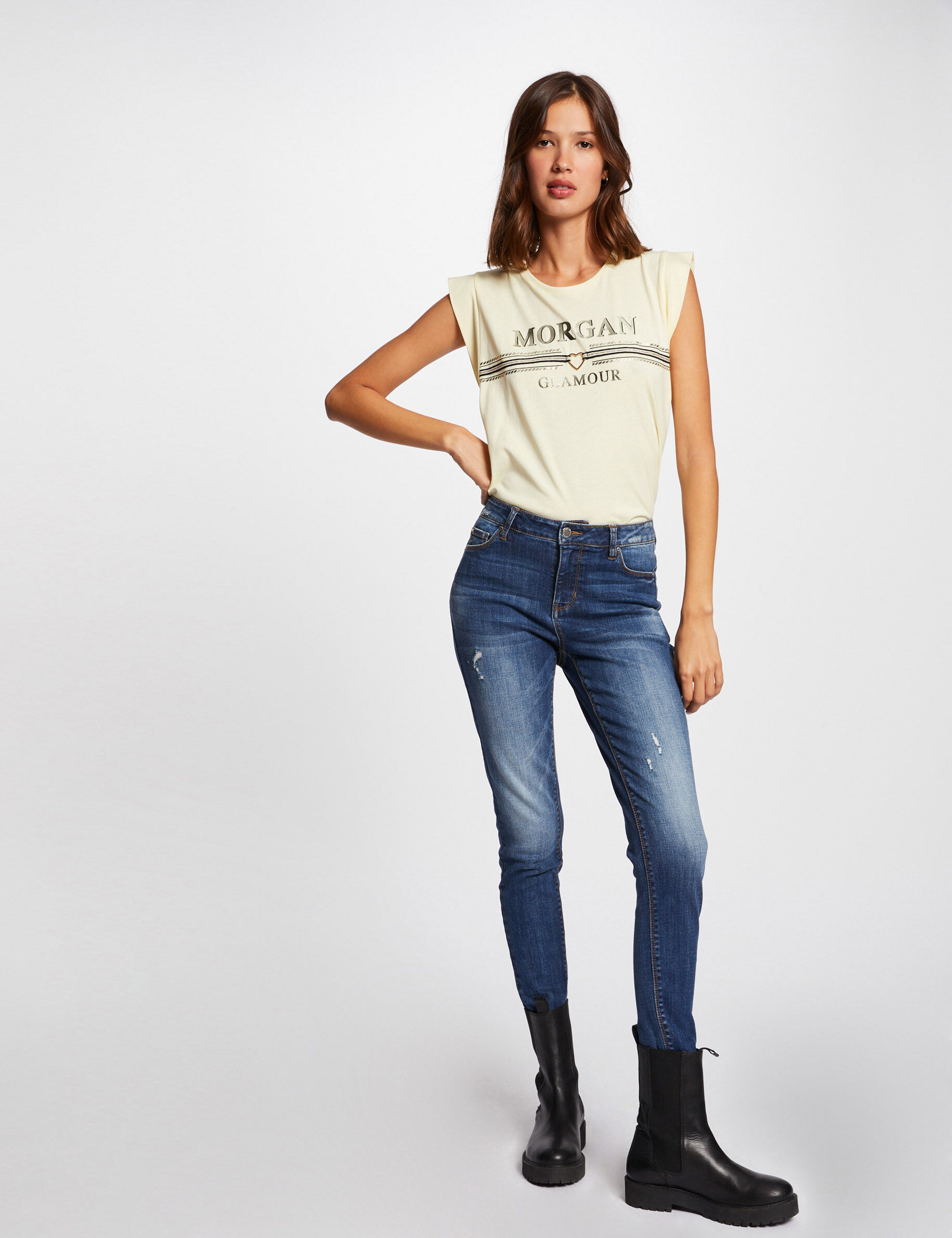 T-shirt manches courtes à inscription jaune paille femme - jaune_paille