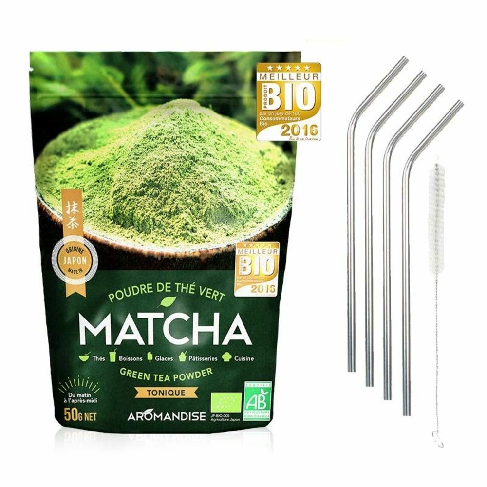 Thé vert bio matcha en poudre 50 g + 4 pailles en inox