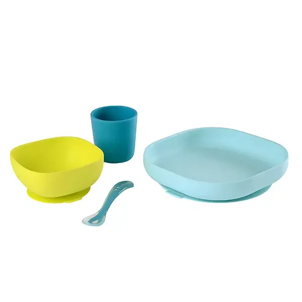 Conjunto de refeição de silicone Béaba com 4 peças, azul
