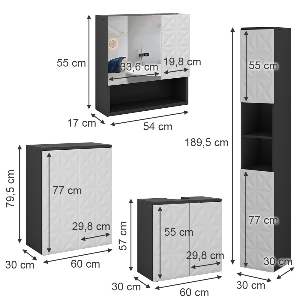 Vicco Badmöbel-Set Badezimmer-Möbel Bad-Schrank Edge Schwarz Weiß modern Badezimmerschrank Waschbeckenunterschrank Spiegelschrank Hochschrank Badezimmerkommode
