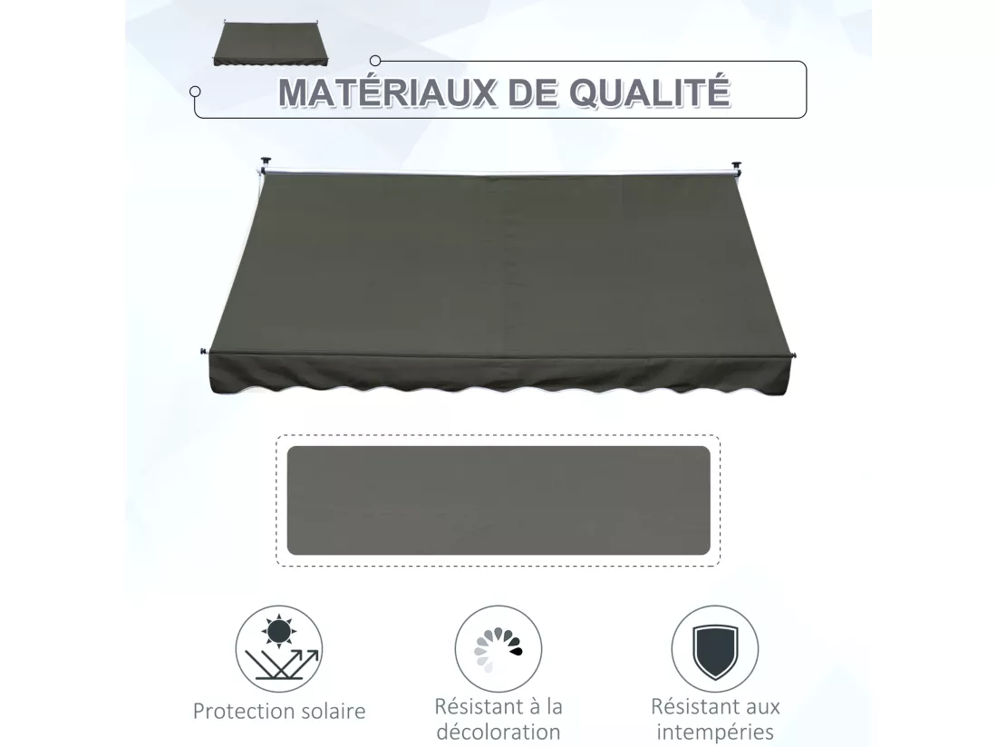 Store banne manuel rétractable 3L x 1,5l m inclinaison et hauteur réglable installation rapide métal alu polyester anti-UV gris
