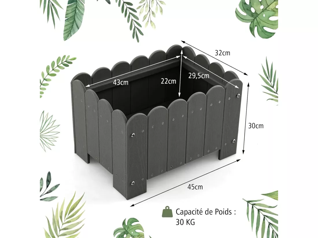 Lot de 2 Jardinière Rectangulaires en HDPE Résistant aux Intempéries, Lit de Jardin Surélevé avec Trous de Drainage pour Culture Fruits Légumes, pour Patio Balcon, 45x32x30cm (Gris)