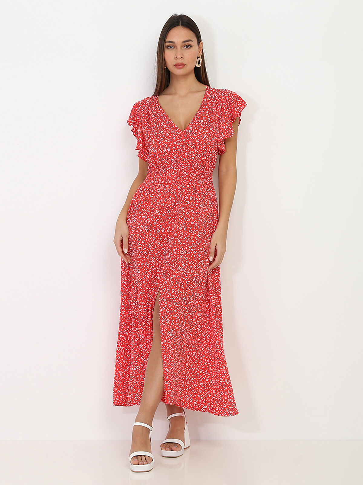 Robe longue fleurie à volants et fente- Rouge